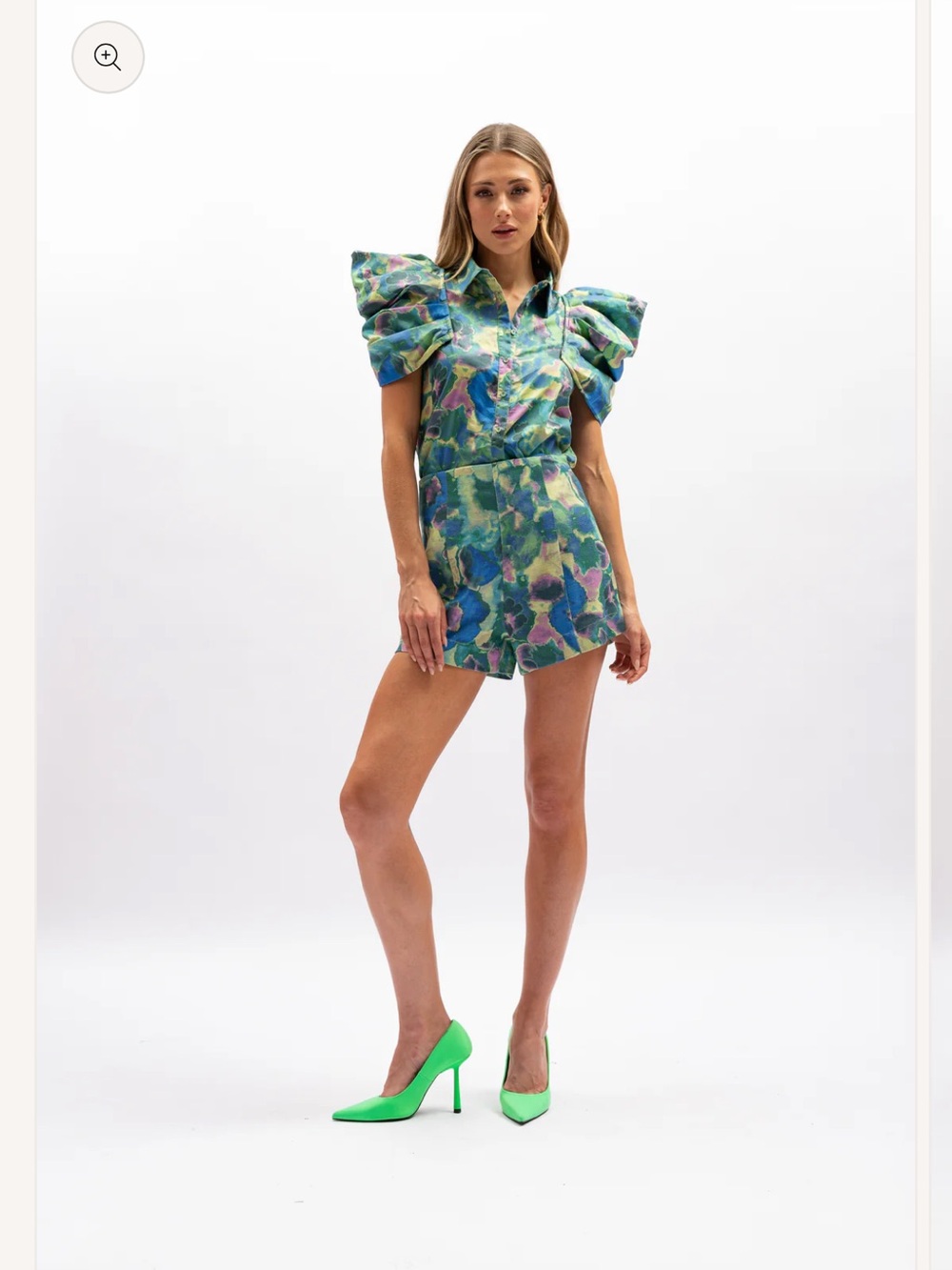 Blue-Green Floral Puff-Sleeve Blouse